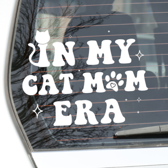 Close Up of In My Cat Mom Era Decal on the Back of a Silver Car