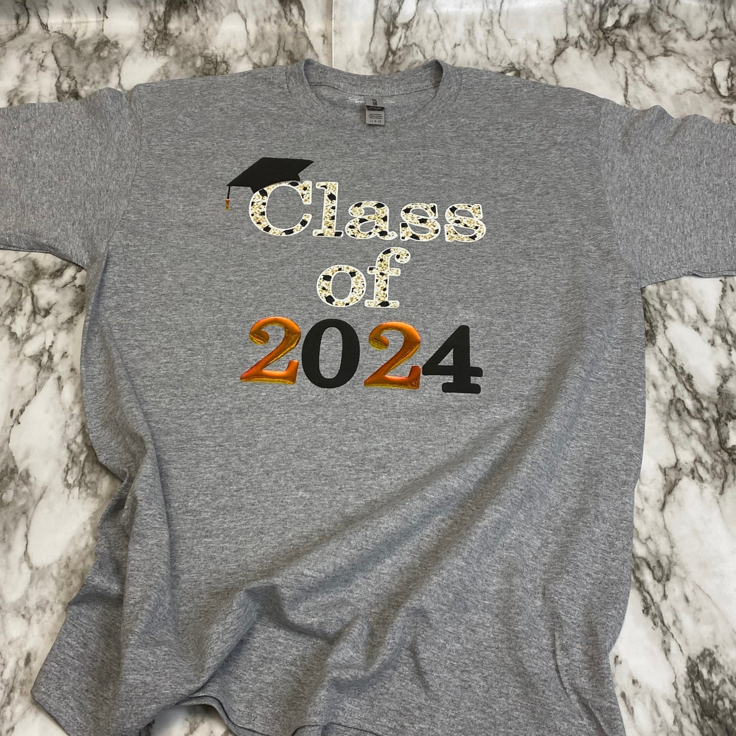 Front of Sublimated Class of 2024 with Puff Black, Glittery White and Holographic Gold Vinyl T-Shirt