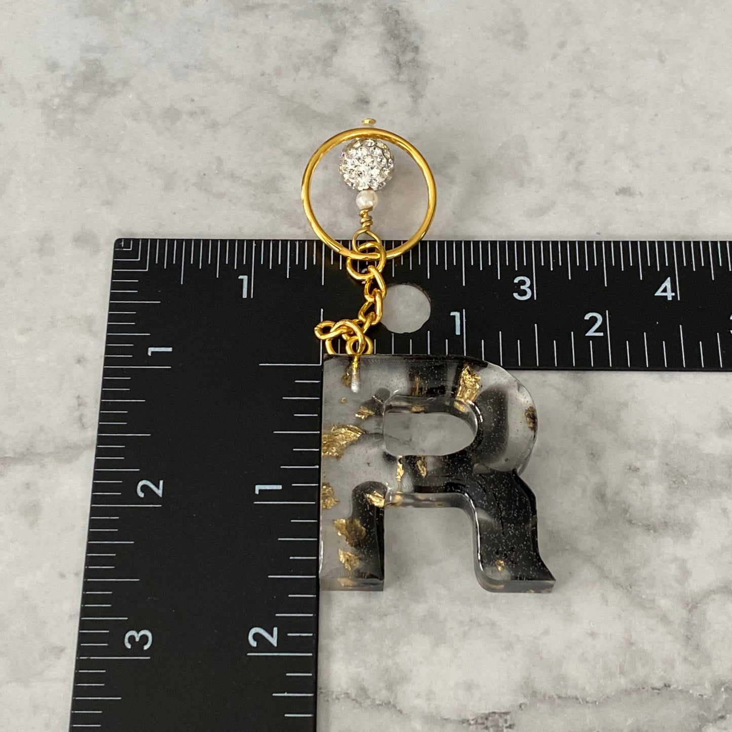 Measurement of the Letter R, Clear Resin Alphabet Letter Keychain with Gold Flake and Black Accents
