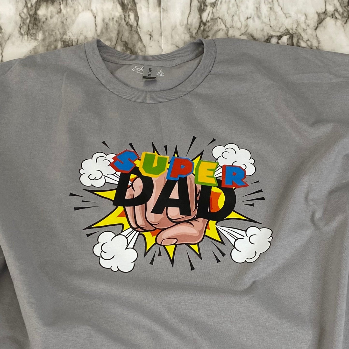 Close up of Super Dad with Fist Pow DTF T-Shirt