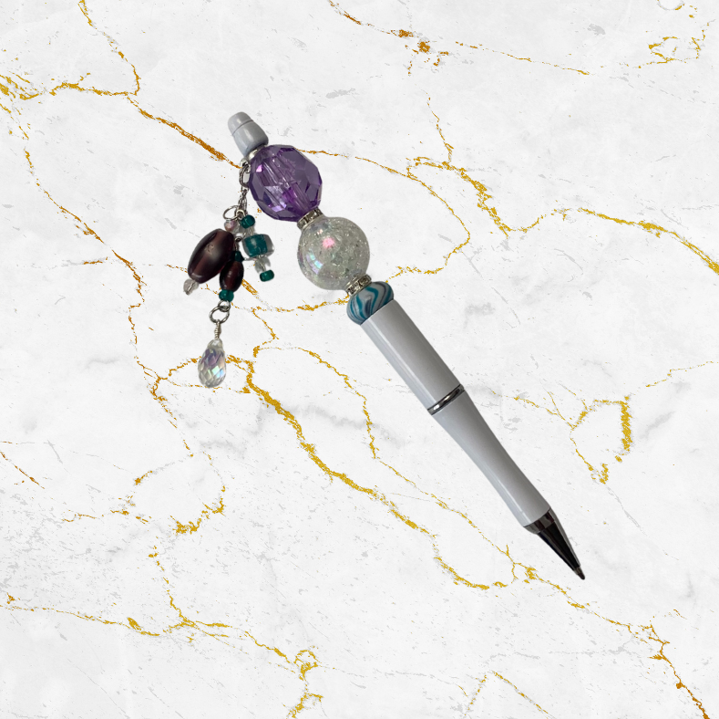Purple and White Custom Beaded Pen with Beaded Dangle