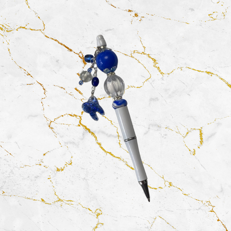 Blue and White Custom Beaded Pen with Custom Tooth Dangle