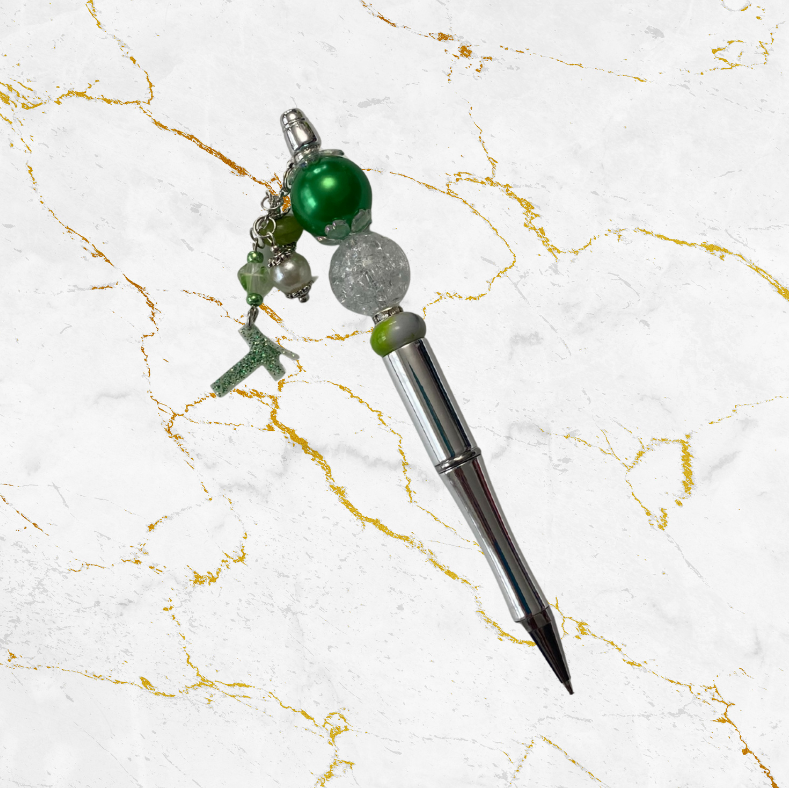 Green and Silver Custom Beaded Pen with Letter T Dangle