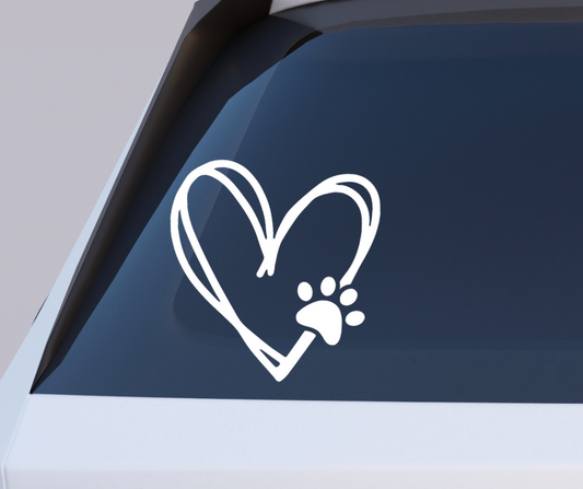 Heart with Cat Paw Decal on the Back of a White Car