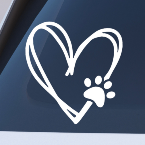 Close Up of Heart with Cat Paw Decal on the Back of a White Car