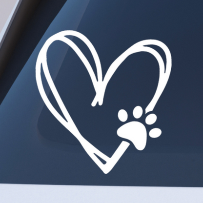 Close Up of Heart with Cat Paw Decal on the Back of a White Car