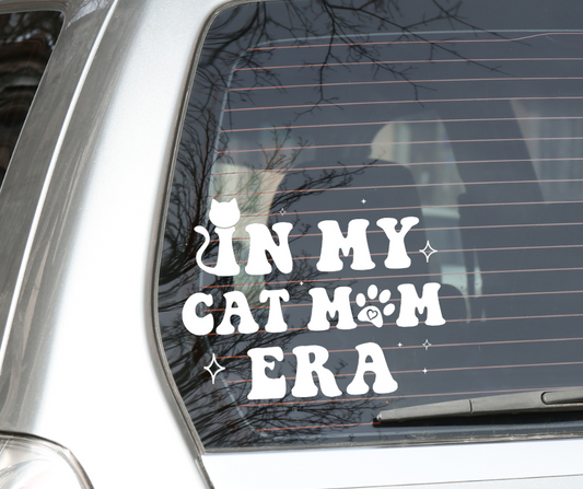 In My Cat Mom Era Decal on the Back of a Silver Car