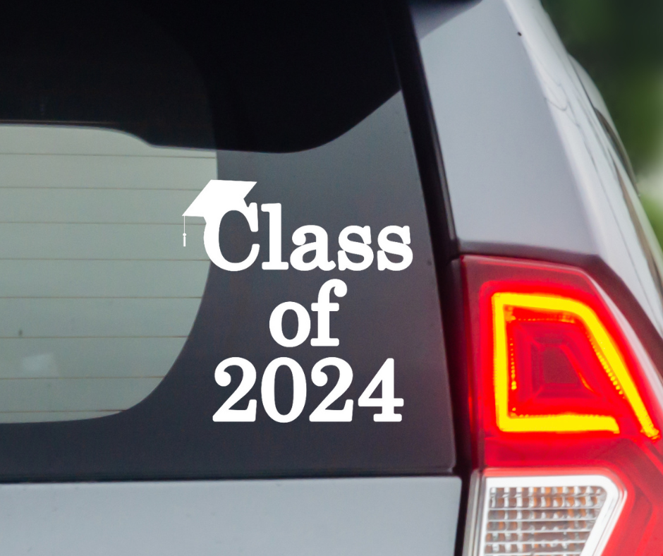 Class of 2024 Decal on the Back of a Blue-Gray Car