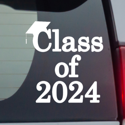 Close Up of Class of 2024 Decal on the Back of a Blue-Gray Car