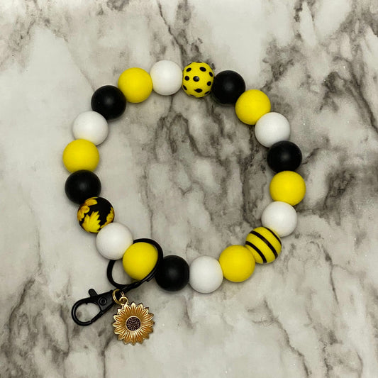 Yellow, White and Black Beaded Wristlet Keychain with Sunflower Charm