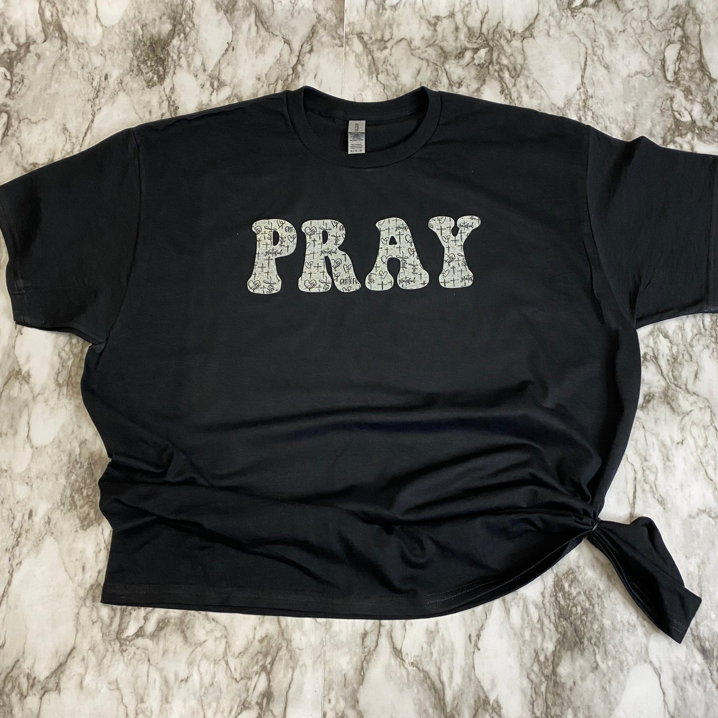 Glittery PRAY with Black and White Cross Pattern T-Shirt