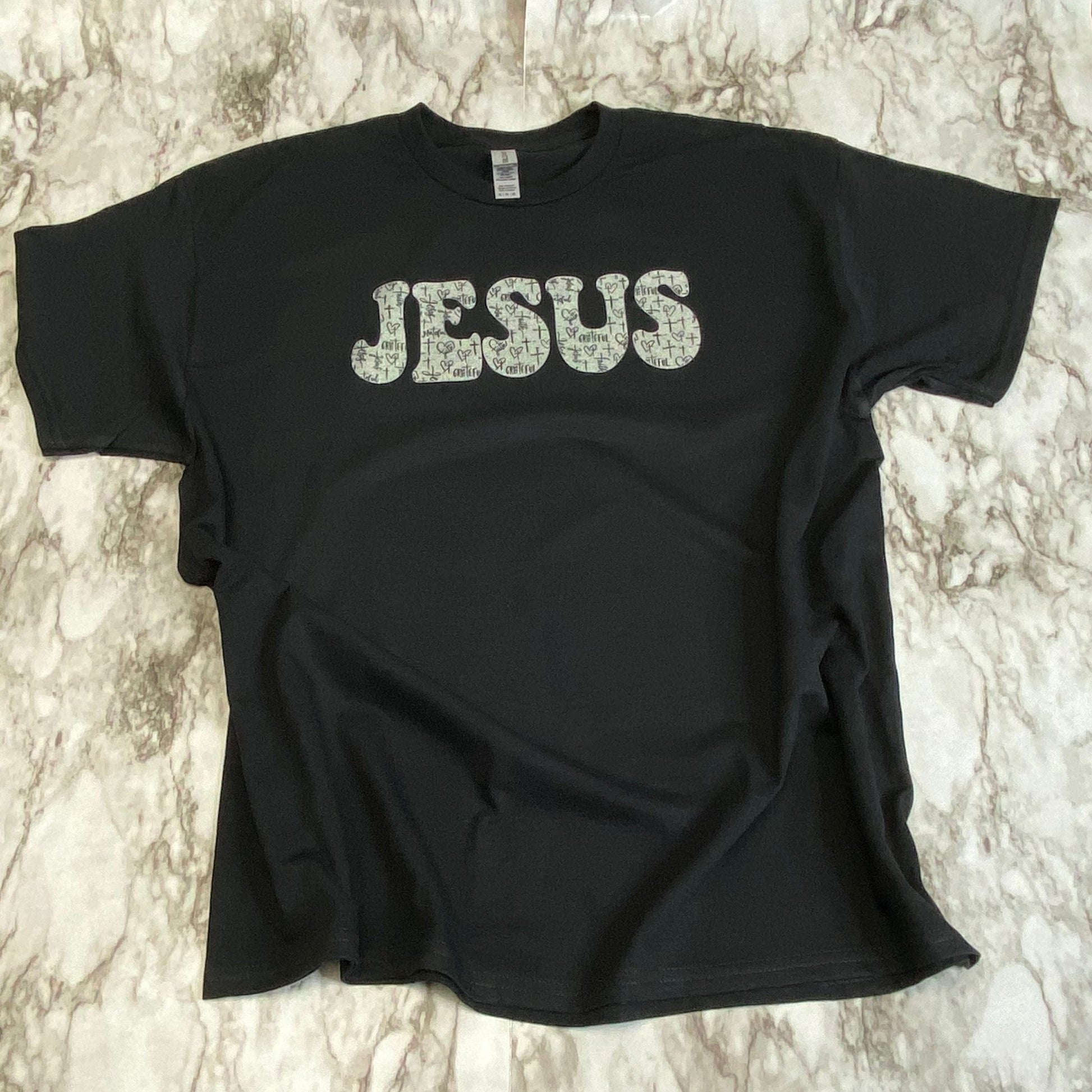 Glittery JESUS with Black and White Cross Pattern T-Shirt