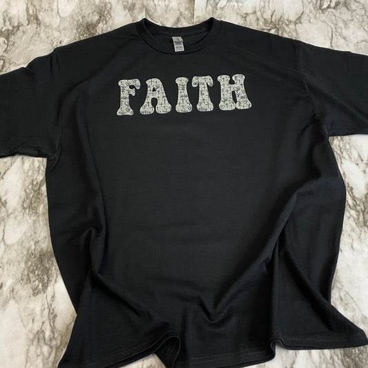 Glittery FAITH with Black and White Cross Pattern T-Shirt