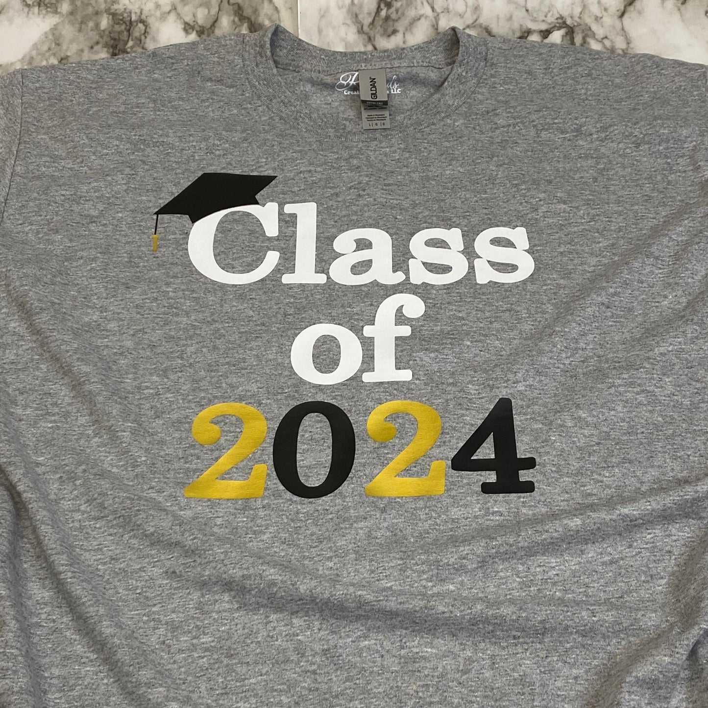 Close Up of Class of 2024 with Black, White and Gold Vinyl T-Shirt