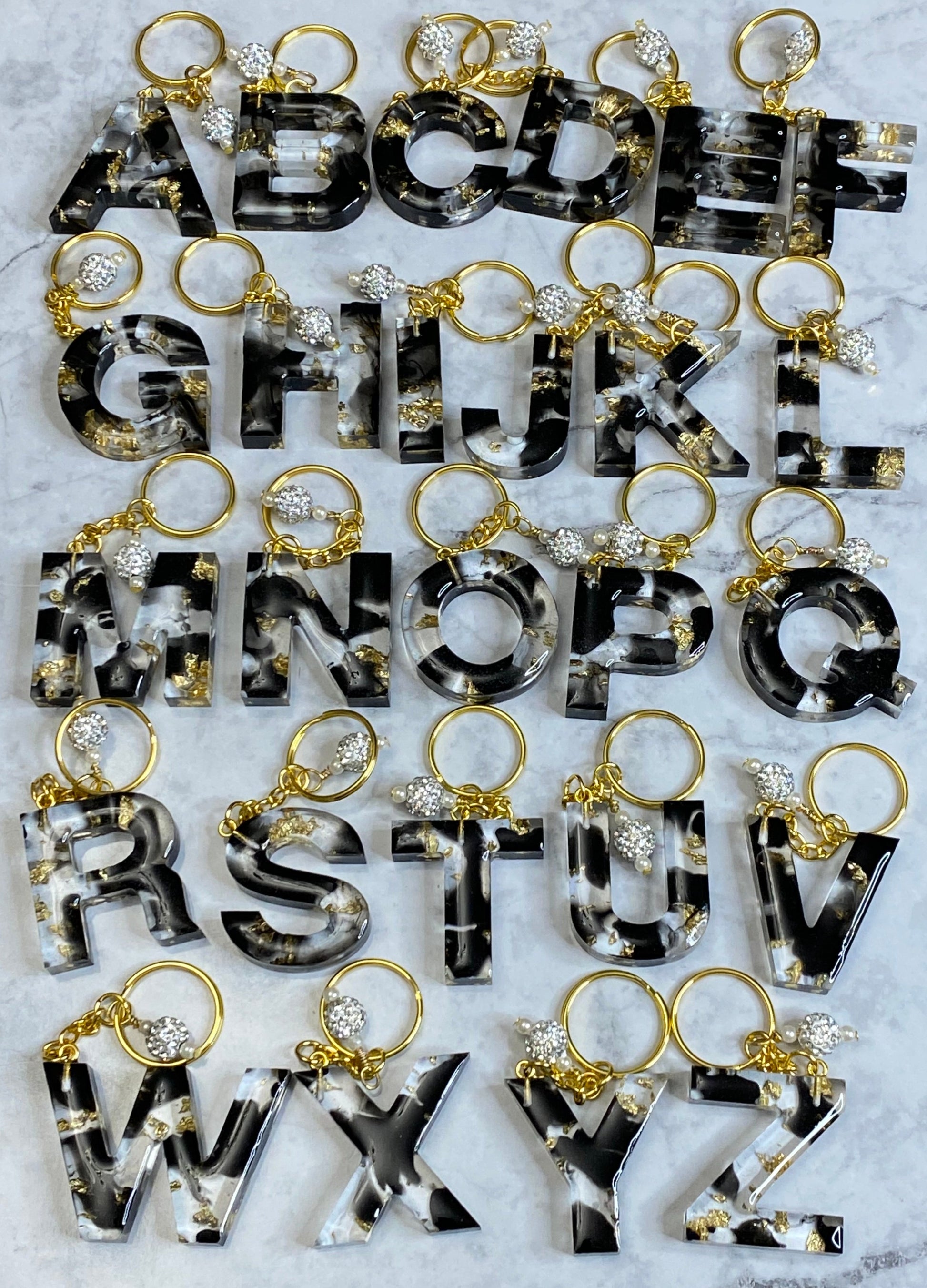 Clear Resin Alphabet Letter Keychain with Gold Flake and Black