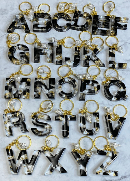 Clear Resin Alphabet Letter Keychains with Gold Flake and Black Accents