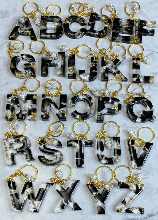 Clear Resin Alphabet Letter Keychains with Gold Flake and Black Accents