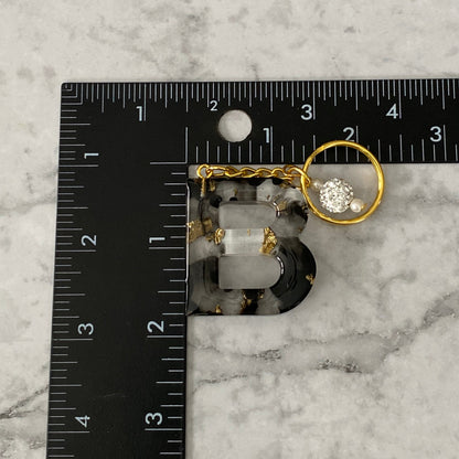 Measurment of the Letter B, Clear Resin Alphabet Letter Keychain with Gold Flake and Black Accents