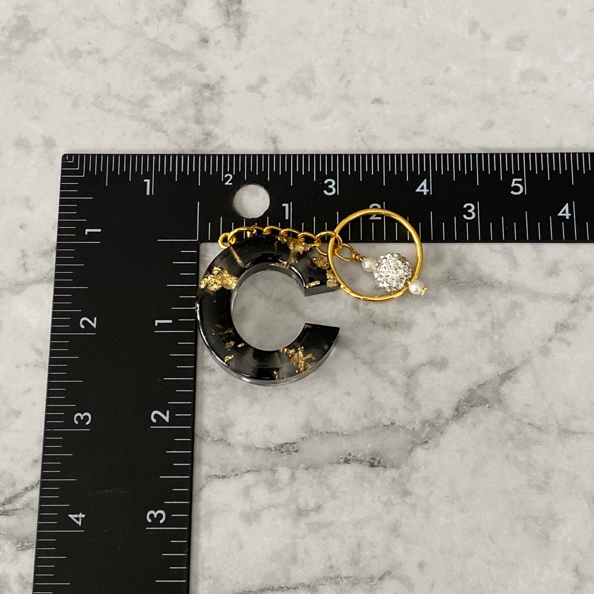 Measurement of the Letter C, Clear Resin Alphabet Letter Keychain with Gold Flake and Black Accents