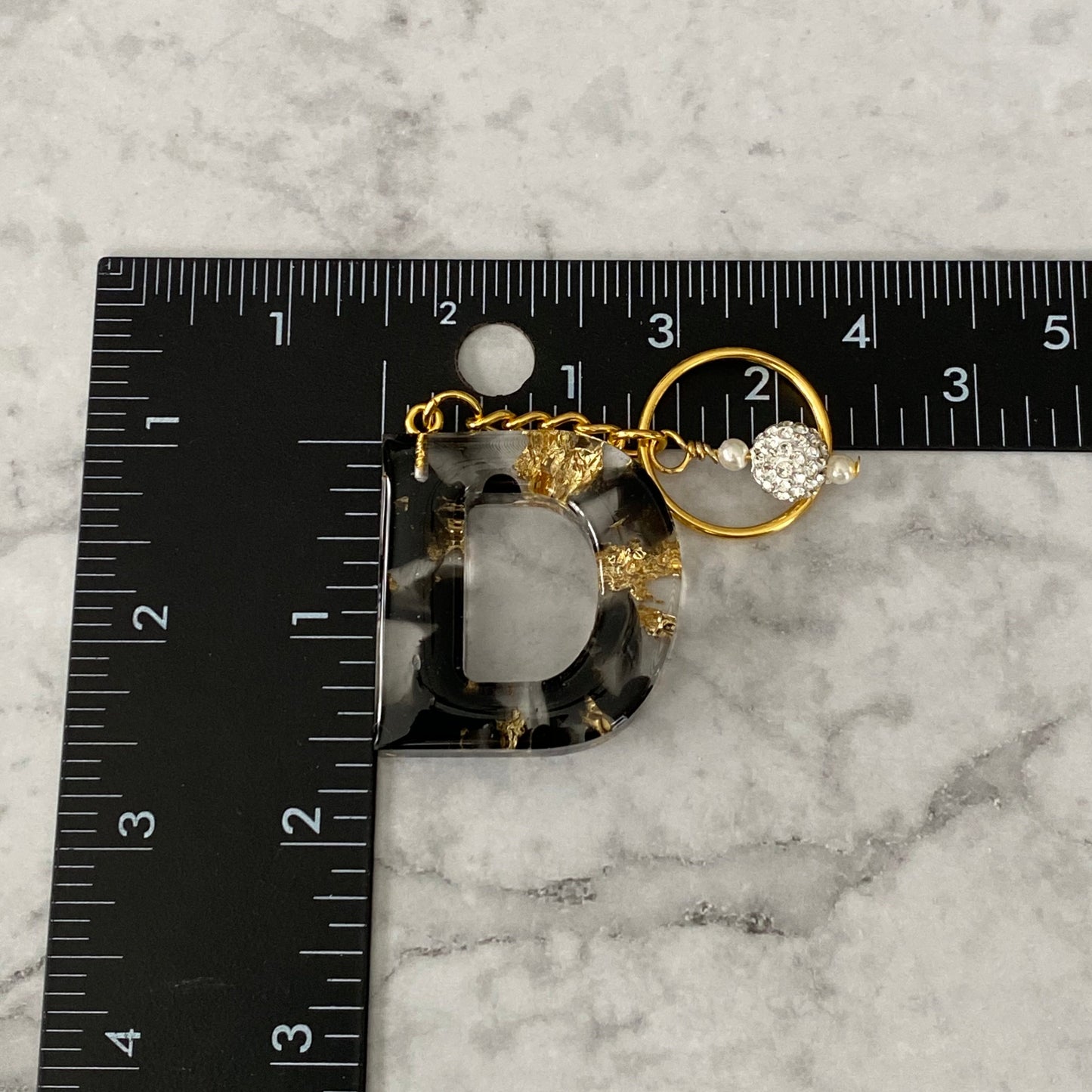 Measurement of the Letter D, Clear Resin Alphabet Letter Keychain with Gold Flake and Black Accents