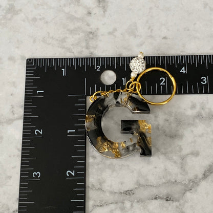 Measurement of the Letter G, Clear Resin Alphabet Letter Keychain with Gold Flake and Black Accents