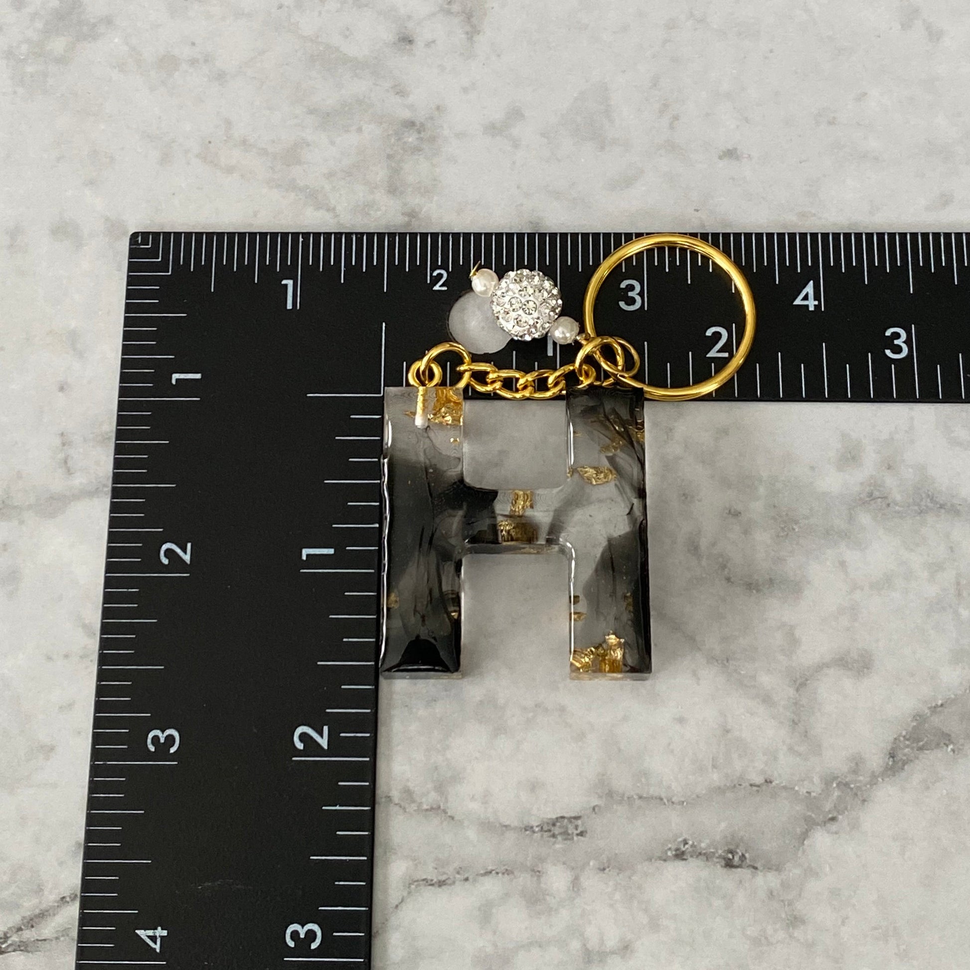 Measurement of the Letter H, Clear Resin Alphabet Letter Keychain with Gold Flake and Black Accents