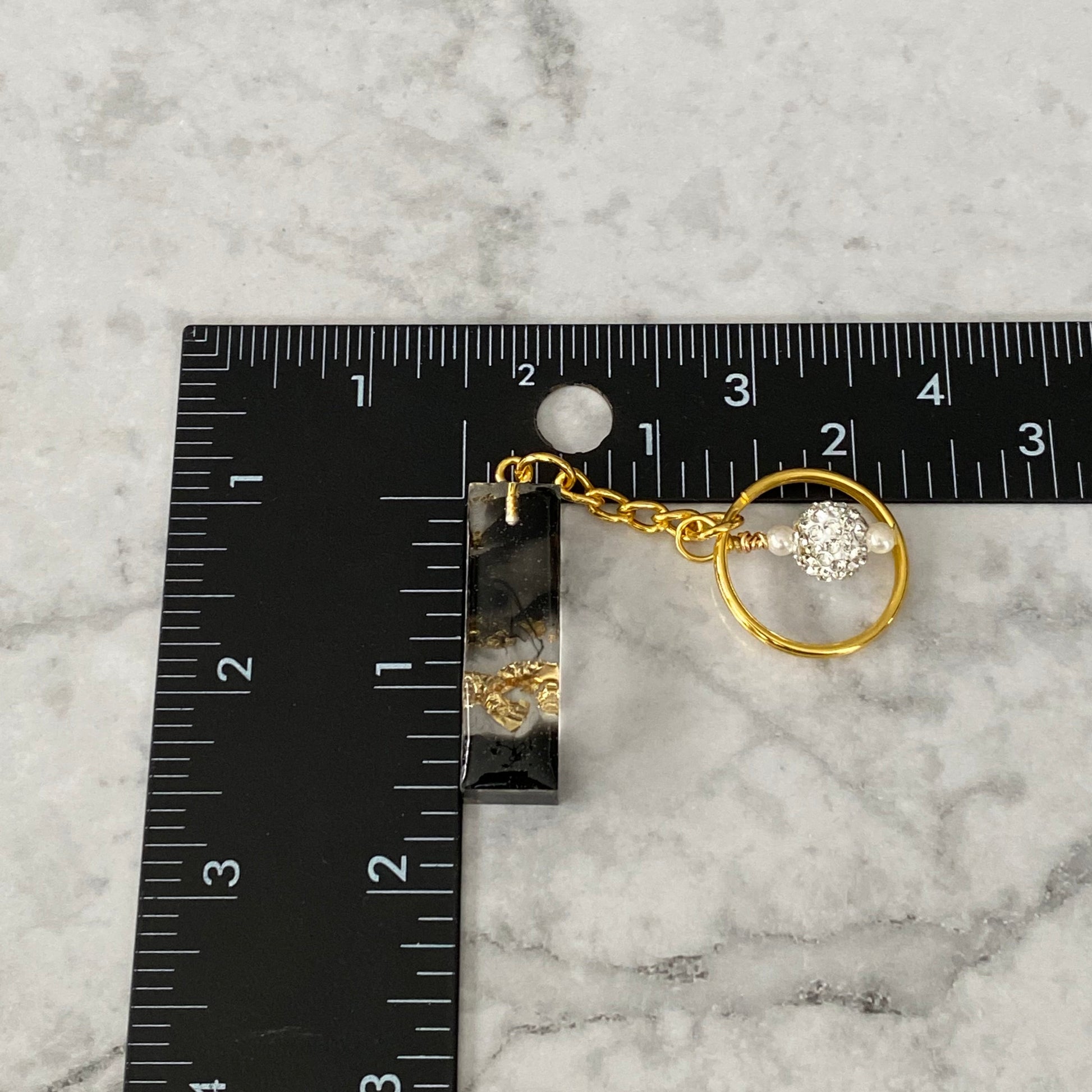 Measurement of the Letter I, Clear Resin Alphabet Letter Keychain with Gold Flake and Black Accents