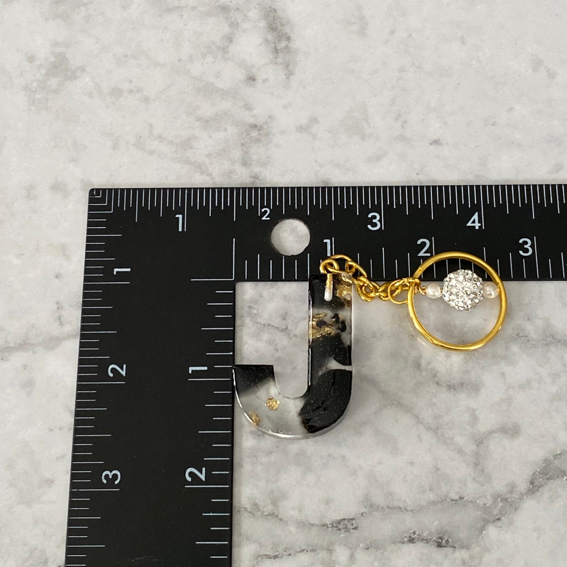 Measurement of the Letter J, Clear Resin Alphabet Letter Keychain with Gold Flake and Black Accents