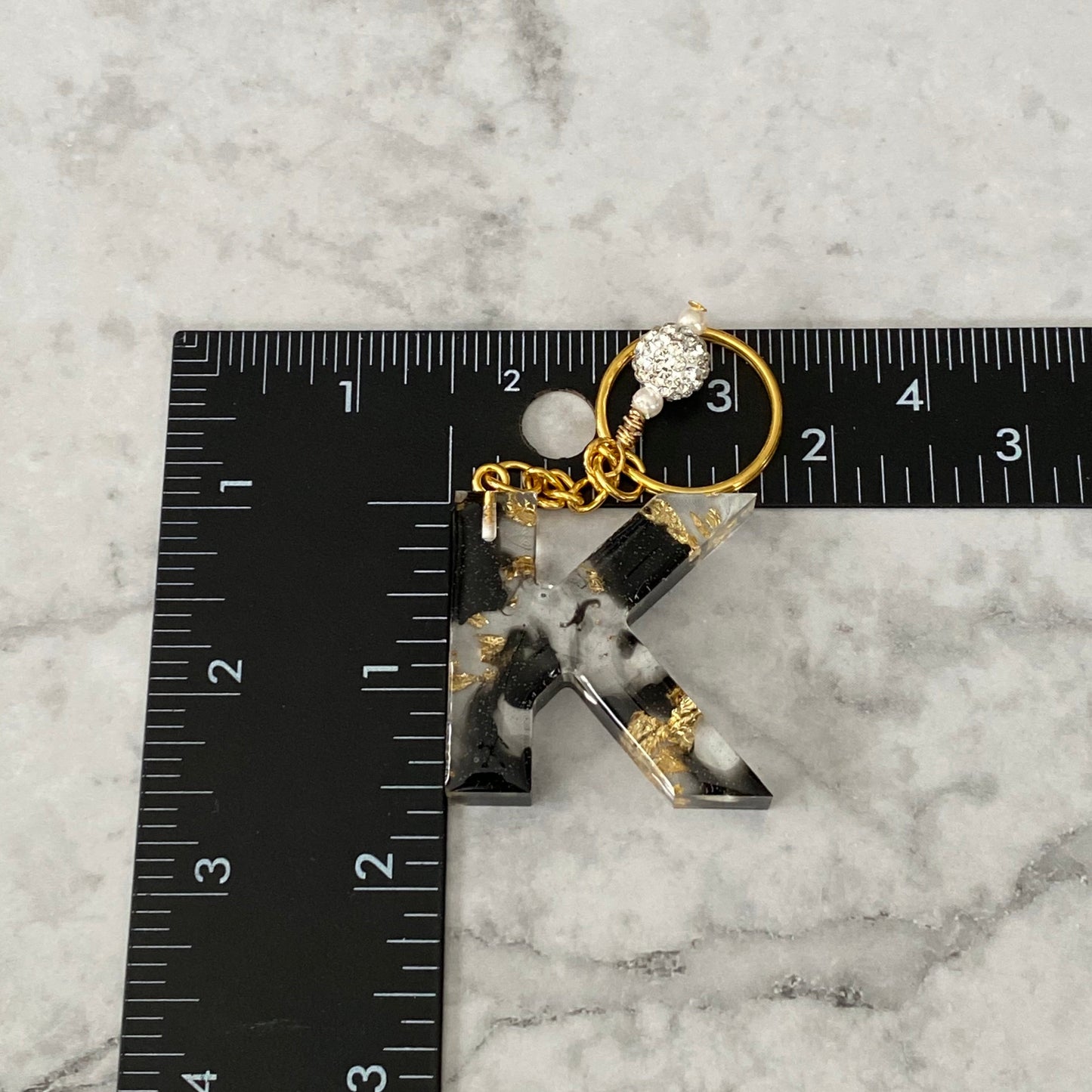 Measurement of the Letter K, Clear Resin Alphabet Letter Keychain with Gold Flake and Black Accents