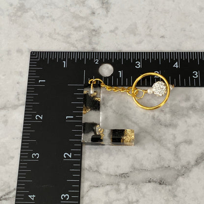 Measurement of the Letter L, Clear Resin Alphabet Letter Keychain with Gold Flake and Black Accents