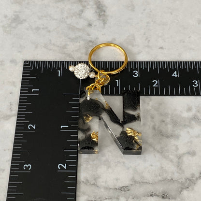 Measurement of the Letter N, Clear Resin Alphabet Letter Keychain with Gold Flake and Black Accents