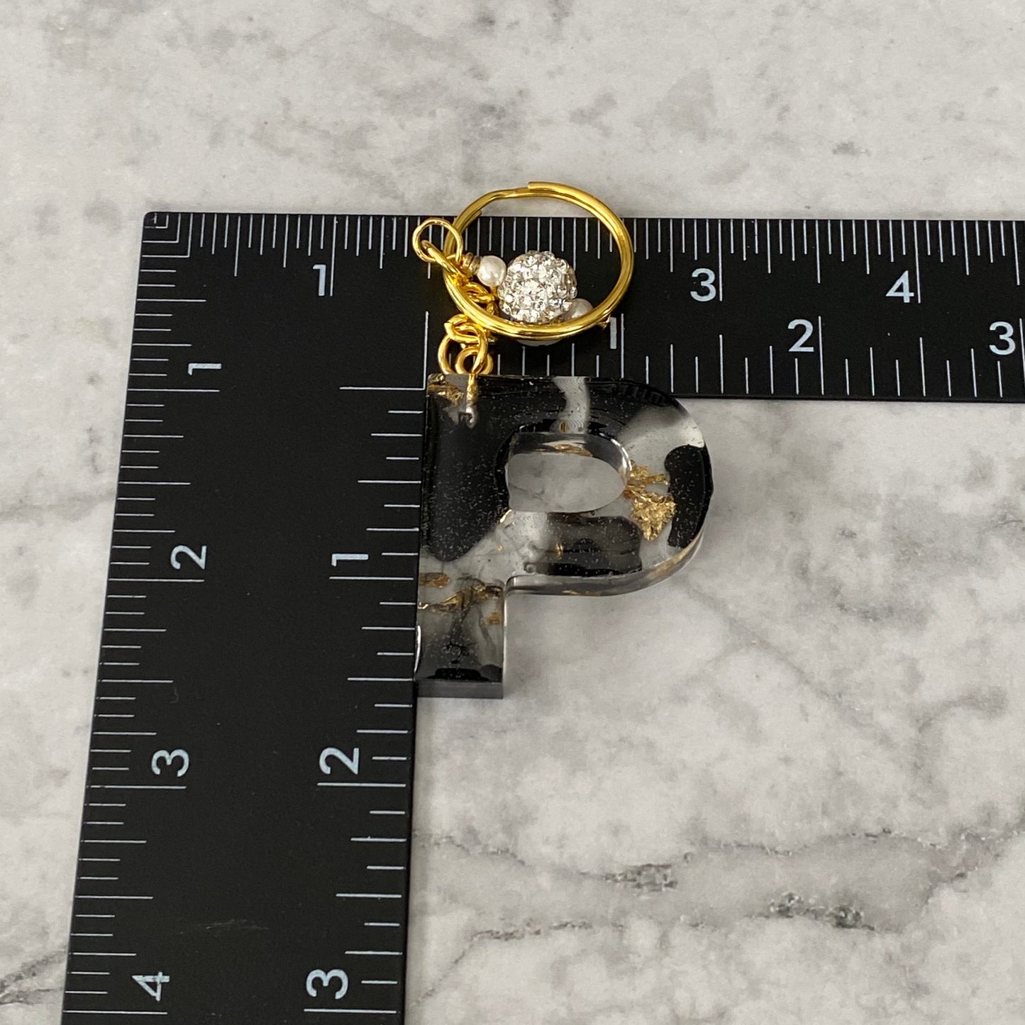 Measurement of the Letter P, Clear Resin Alphabet Letter Keychain with Gold Flake and Black Accents