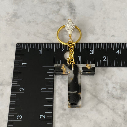 Measurement of the Letter T, Clear Resin Alphabet Letter Keychain with Gold Flake and Black Accents