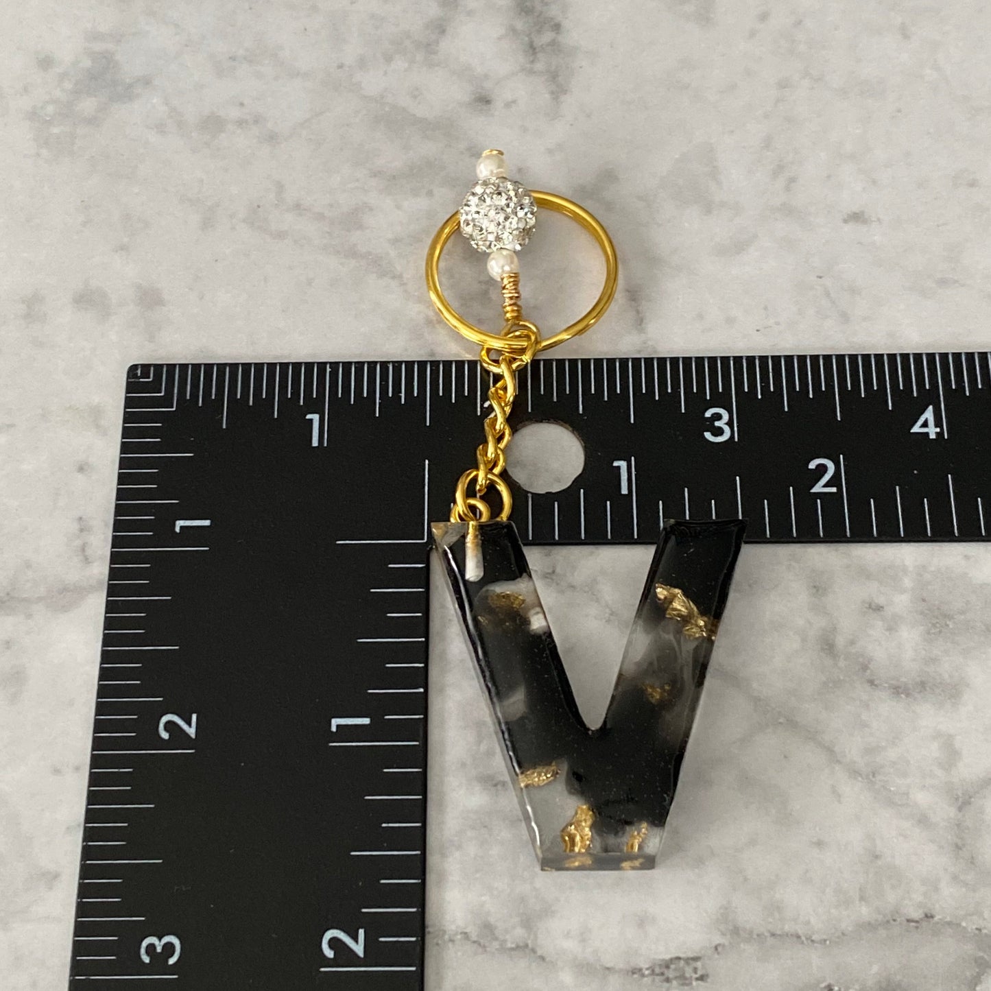 Measurement of the Letter V, Clear Resin Alphabet Letter Keychain with Gold Flake and Black Accents