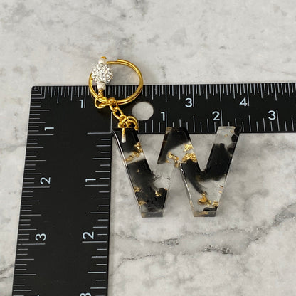 Measurement of the Letter W, Clear Resin Alphabet Letter Keychain with Gold Flake and Black Accents