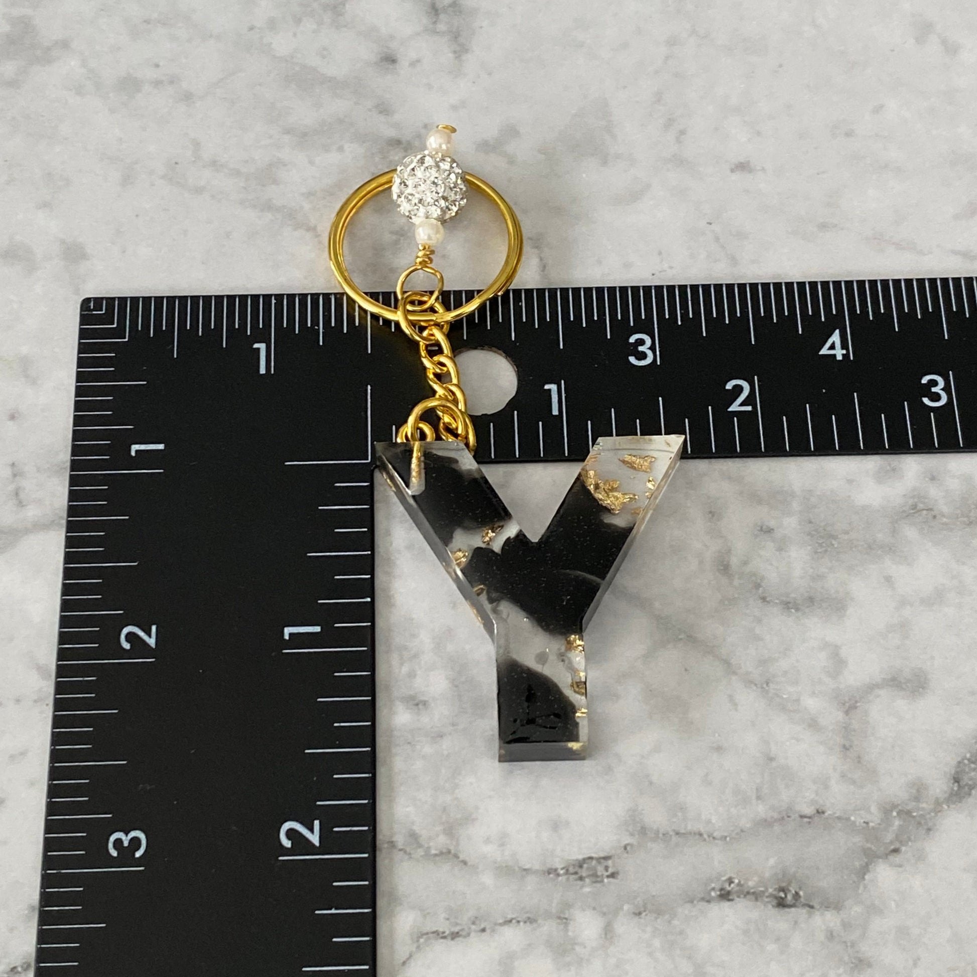 Measurement of the Letter Y, Clear Resin Alphabet Letter Keychain with Gold Flake and Black Accents