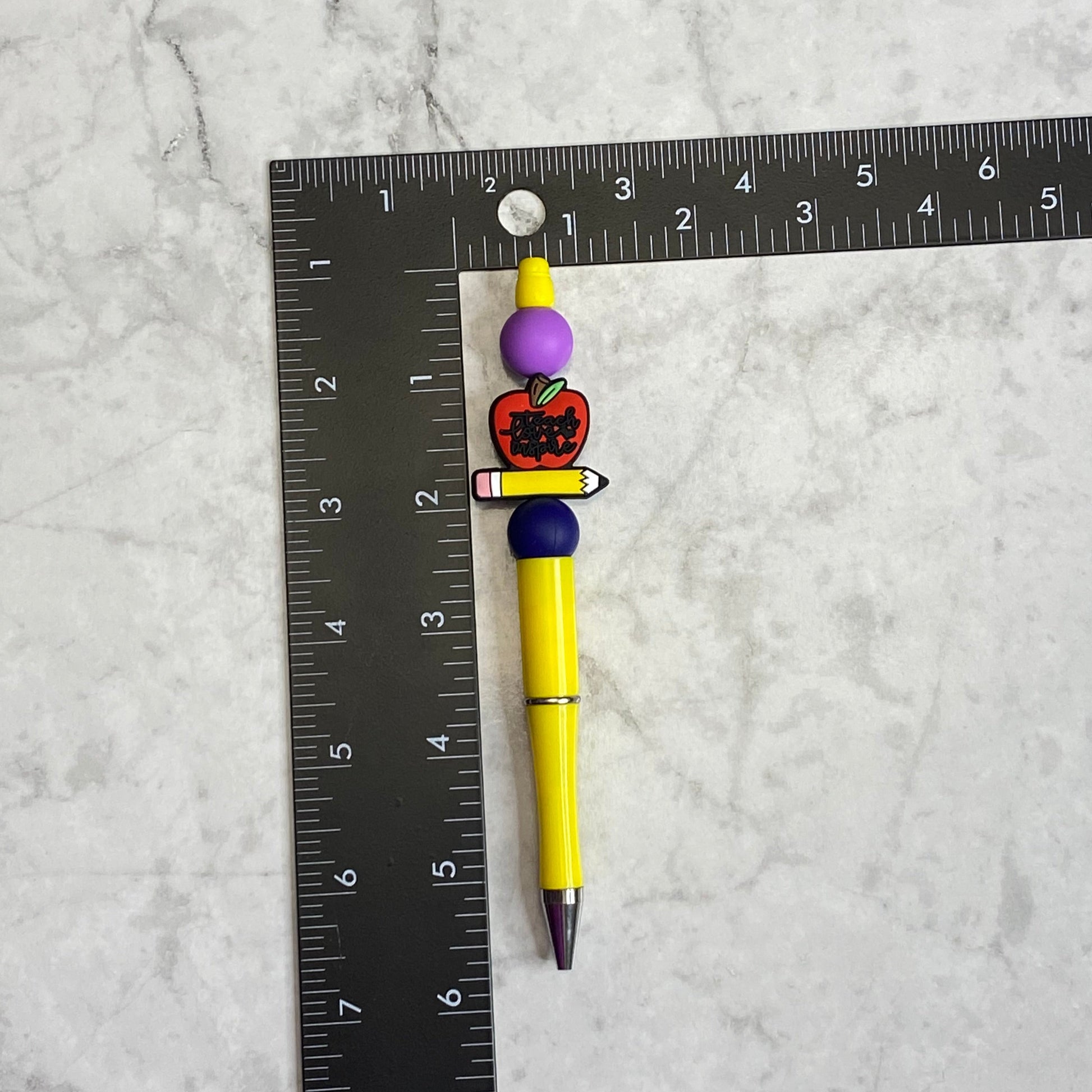 Measurement of Yellow Beaded Pen with Apple and Pencil Character Bead