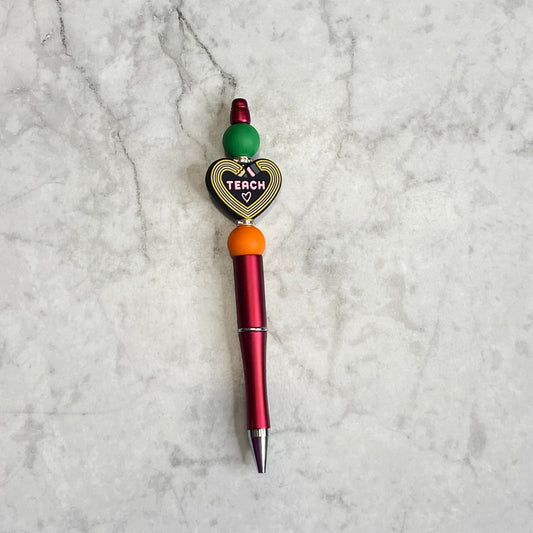 Red Beaded Pen with Heart Teach Character Bead