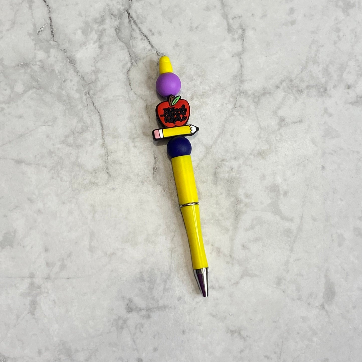 Yellow Beaded Pen with Apple and Pencil Character Bead