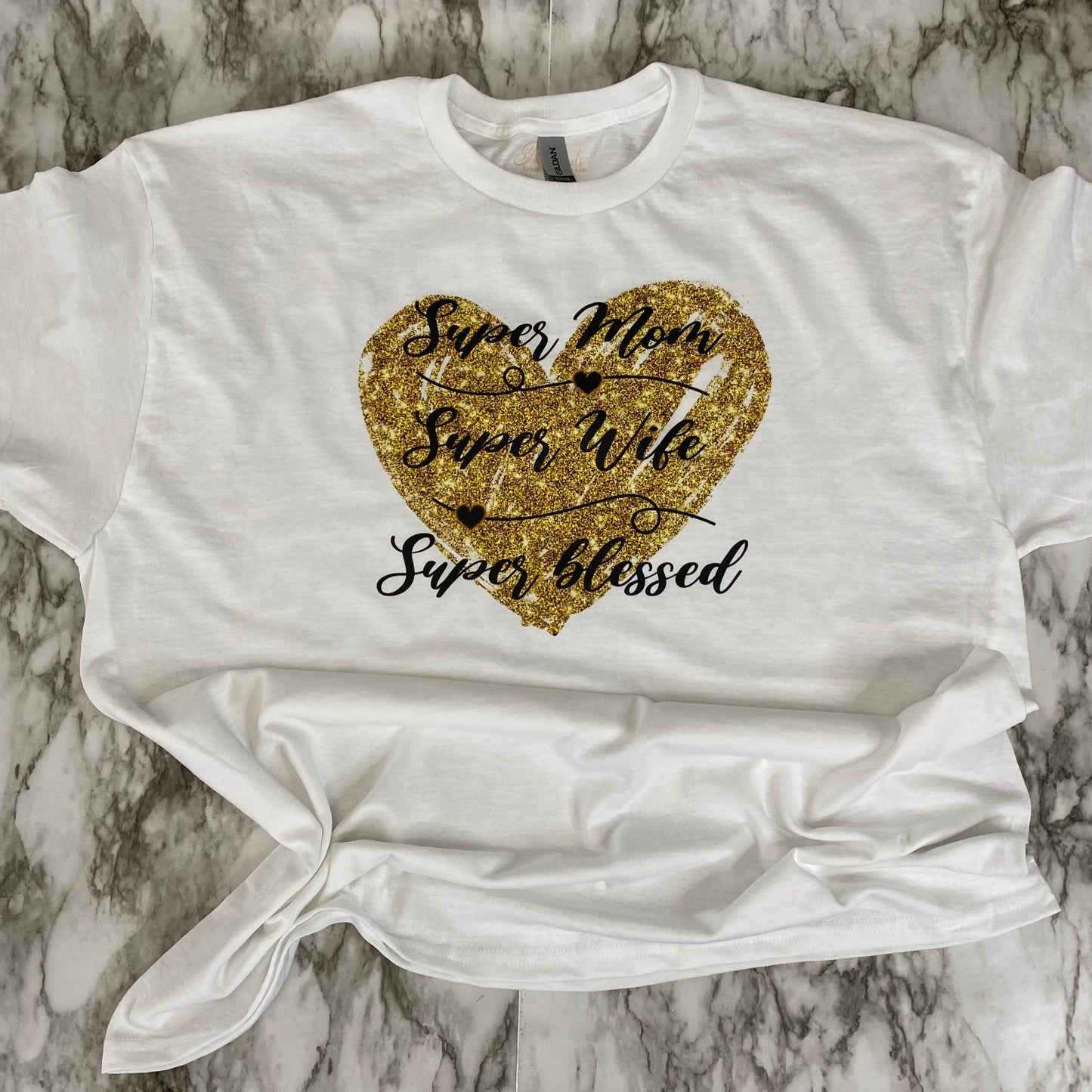 Glitter Gold Heart Super Mom DTF T-Shirt