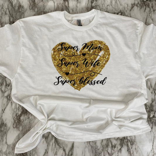 Glitter Gold Heart Super Mom DTF T-Shirt