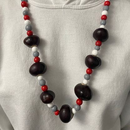 Scarlet, Gray and White Wooden Beaded Necklace with Buckeyes