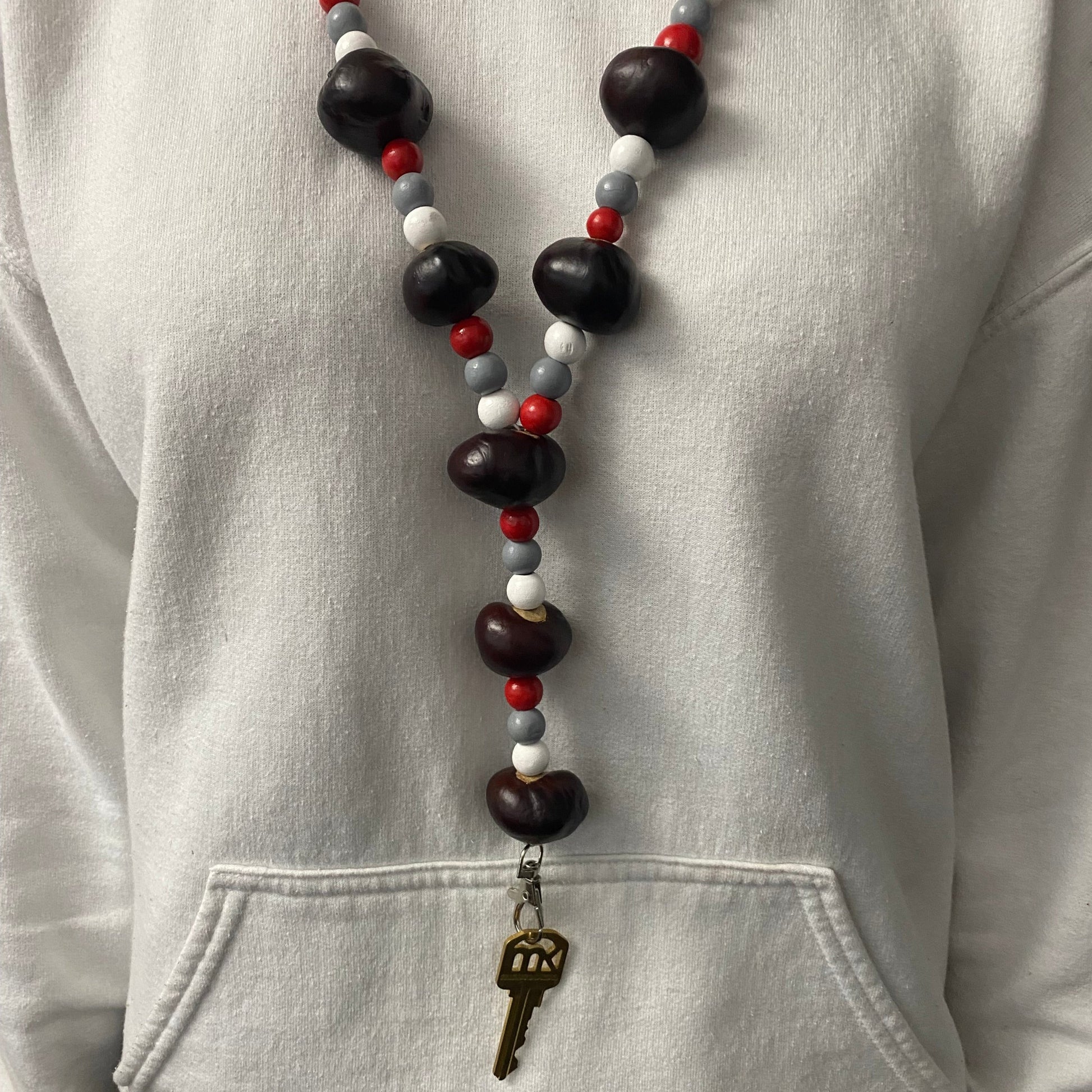 Scarlet, Gray and White Wooden Beaded Lanyard with Buckeyes