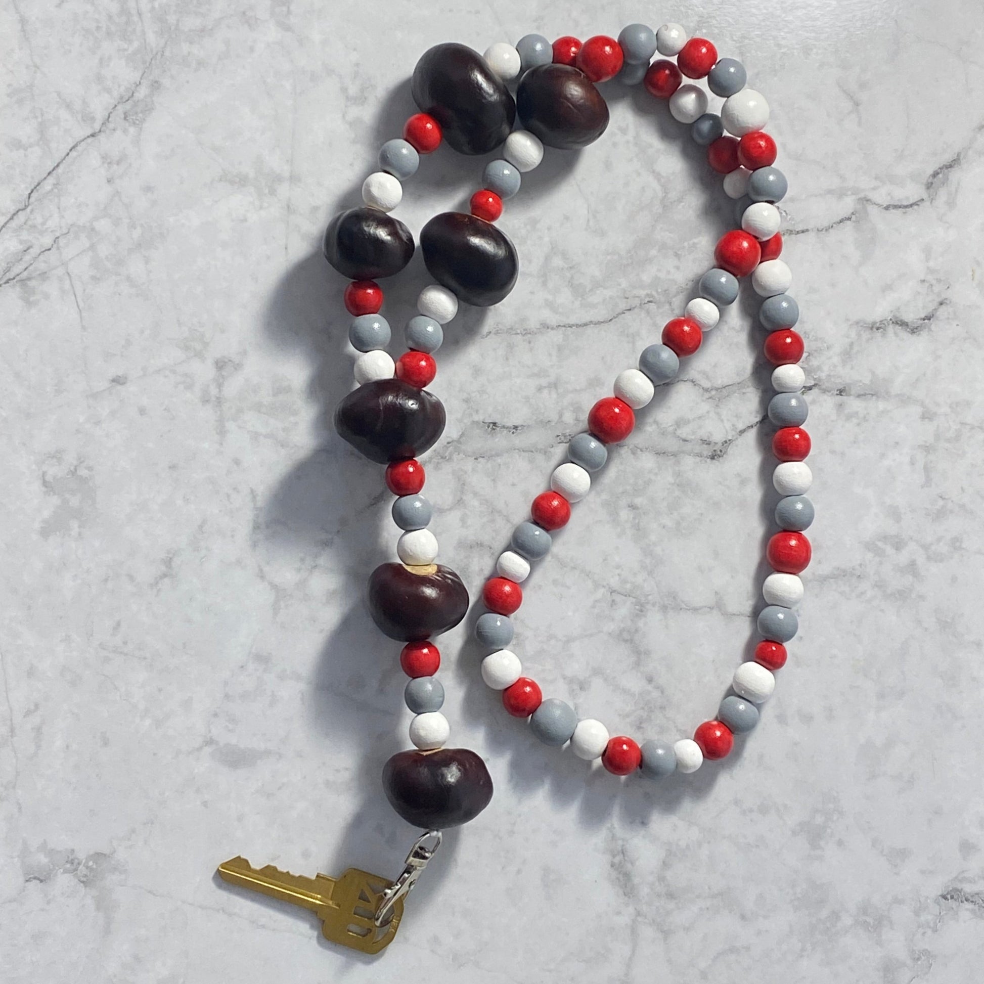 Scarlet, Gray and White Wooden Beaded Lanyard with Buckeyes