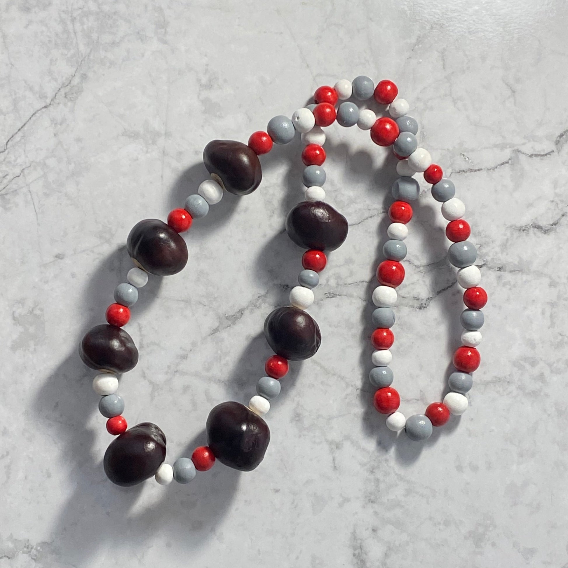 Scarlet, Gray and White Wooden Beaded Necklace with Buckeyes