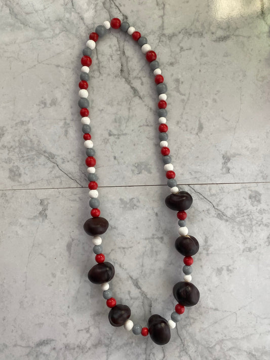 Scarlet, Gray and White Wooden Beaded Necklace with Buckeyes