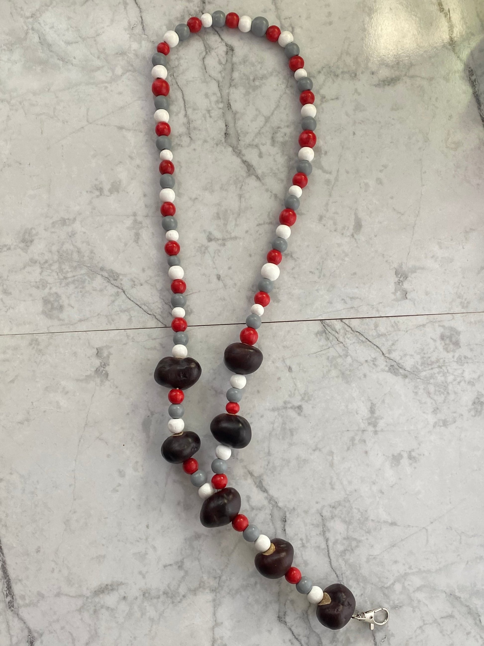 Scarlet, Gray and White Wooden Beaded Lanyard with Buckeyes