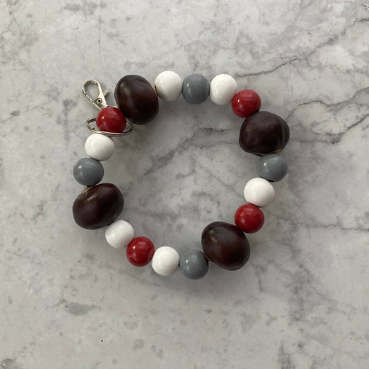 Scarlet, Gray and White Wooden Beaded Wristlet Keychain with Buckeyes