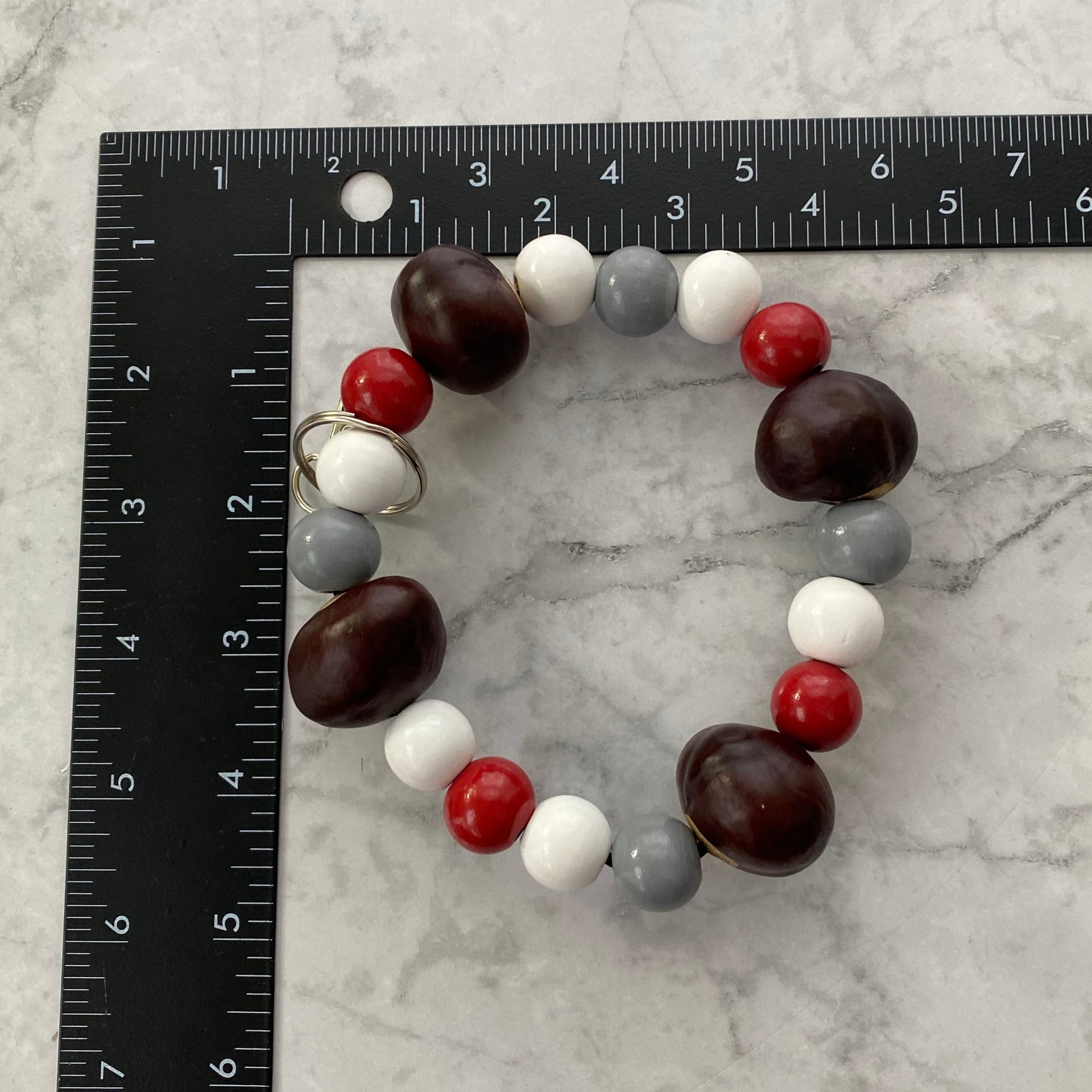 Measurement of Scarlet, Gray and White Wooden Beaded Wristlet Keychain with Buckeyes