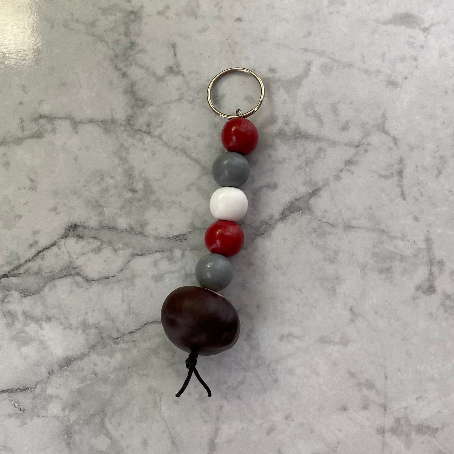 Scarlet, Gray and White Wooden Beaded Keychain with Buckeye